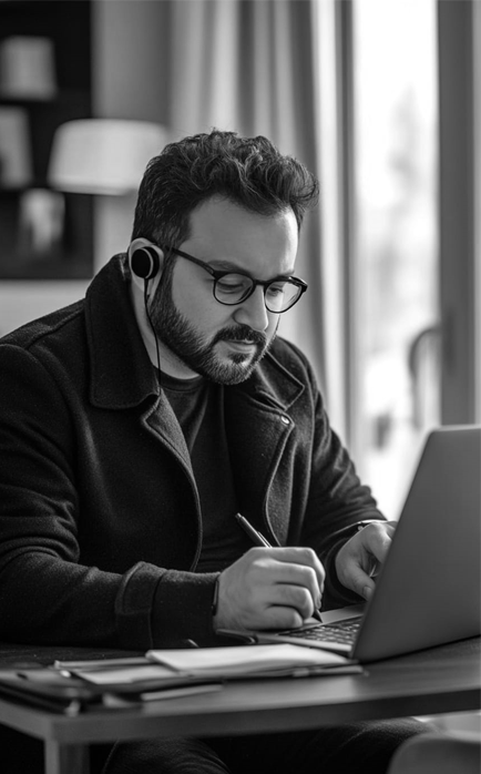 image of shahbaz ahmd working on laptop in a meeting environment discussing amazon seo and ppc strategy with client.